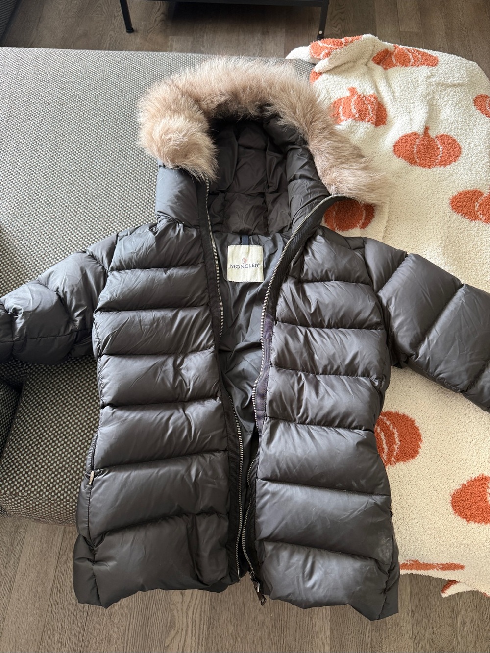 Moncler Women's Dark Gray Down Puffer Jacket with Fur-Trim Hood